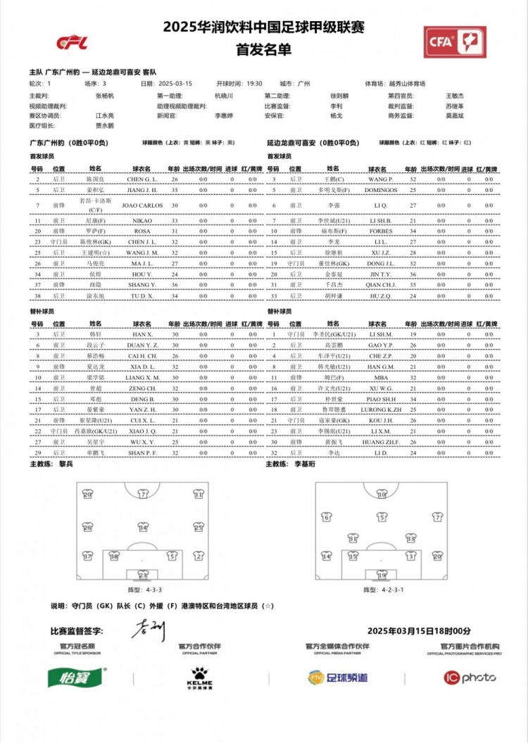  廣州豹vs延邊龍鼎首發(fā)：卡洛斯、羅薩、尼康三外援領(lǐng)銜廣州豹